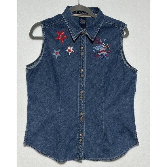 Large Women’s Vintage 90s Patriotic Denim Sleevless Red White Blue 4th of July - Picture 1 of 11